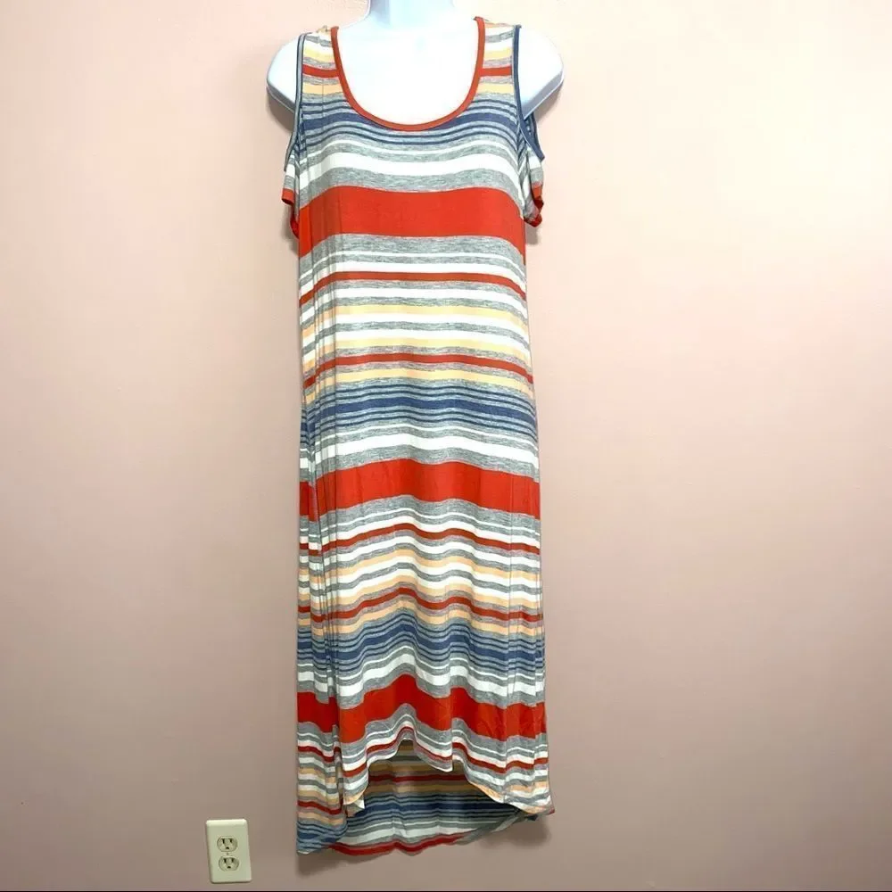 Dress Barn NWT striped high low cold shoulder dress women’s medium - Picture 2 of 7